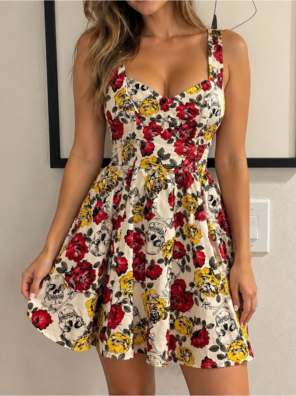 Hot Topic Cream Mini Dress with Red & Yellow Floral Skull Print
